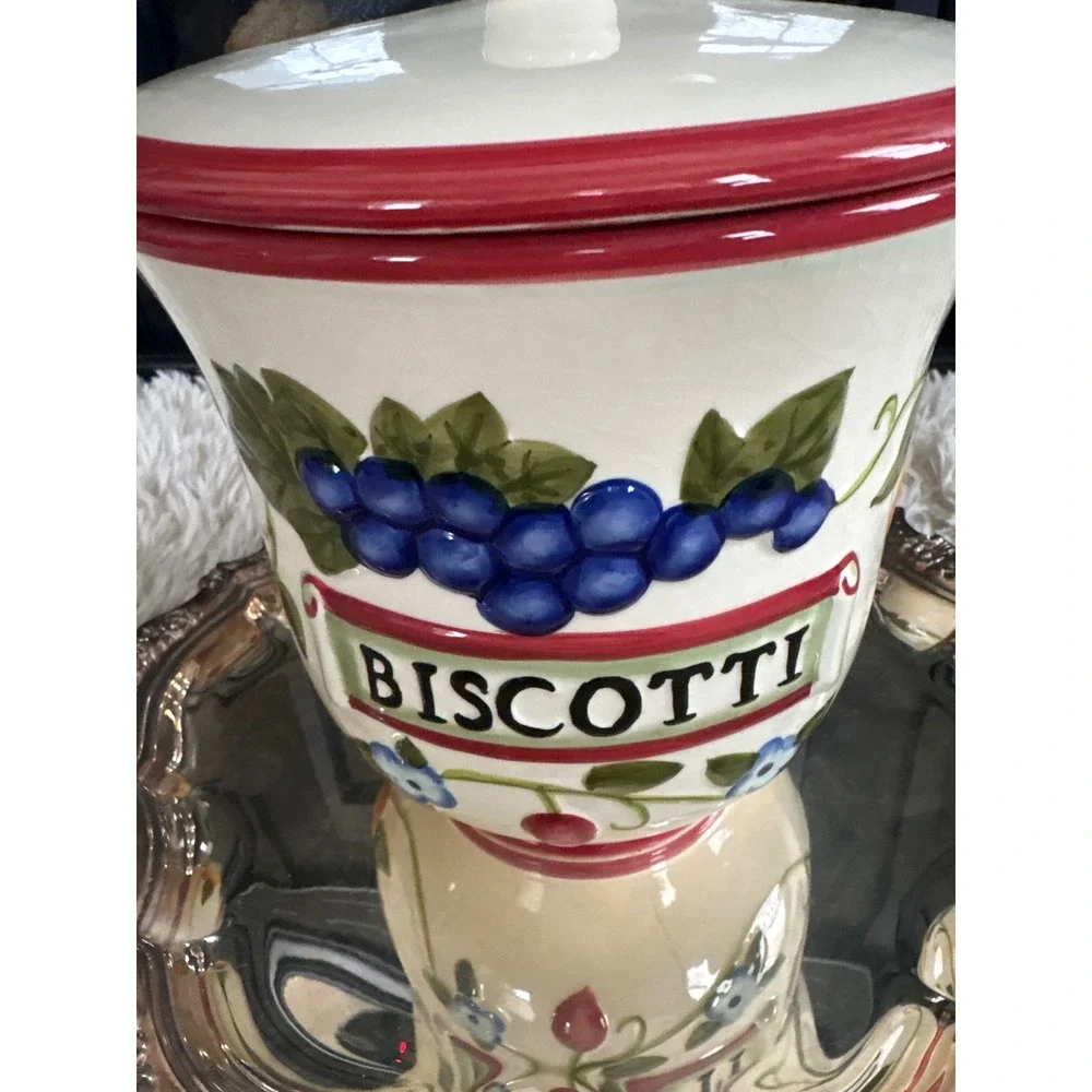Italian Ceramic Biscotti Cookie‎ Jar Vintage Fruit Design Red Lid